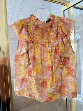 Magali Pascal Floral Ruffle Sleeveless Top in Pink, Yellow & Cream